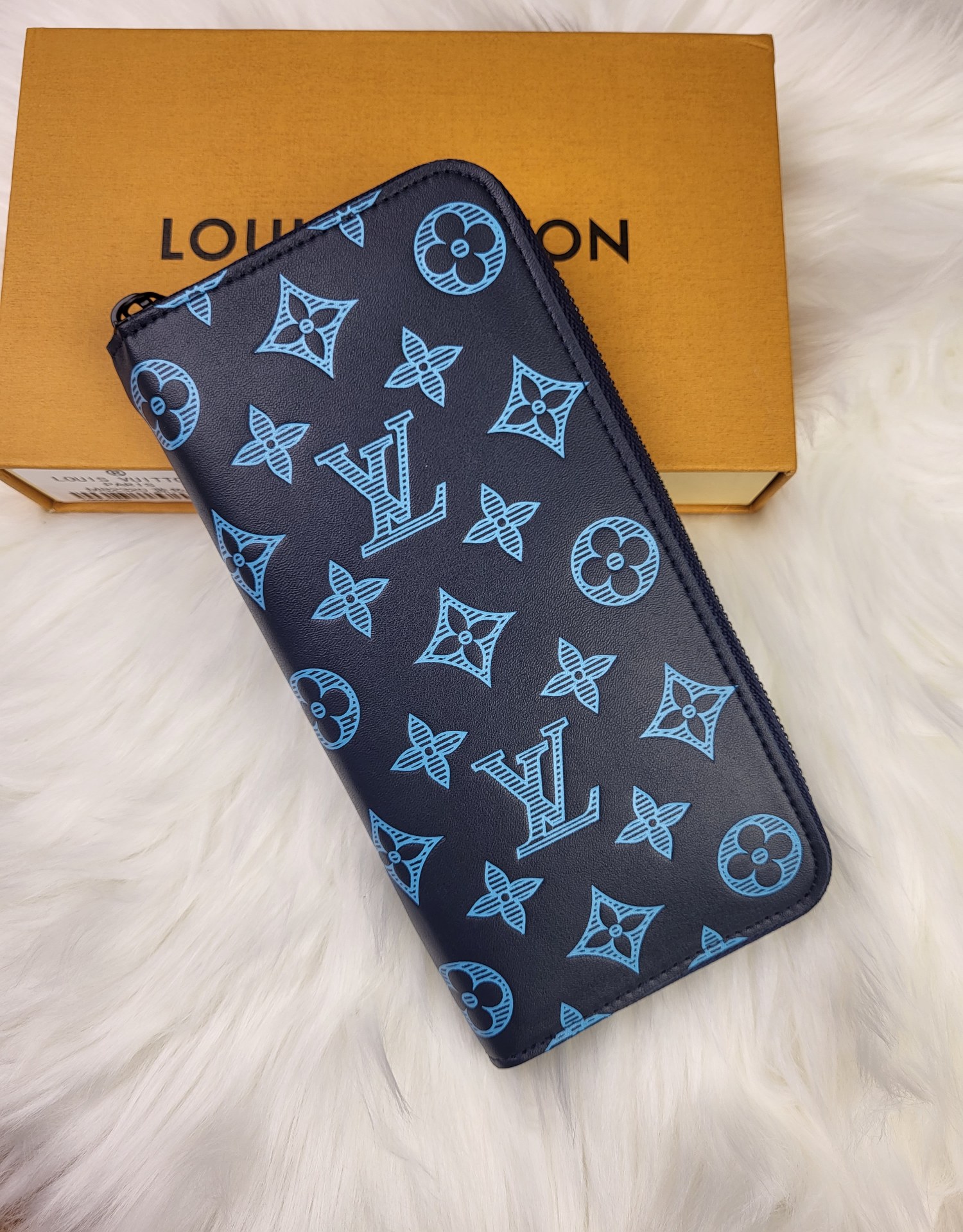 Luxury leather long zipper wallet, open with cards