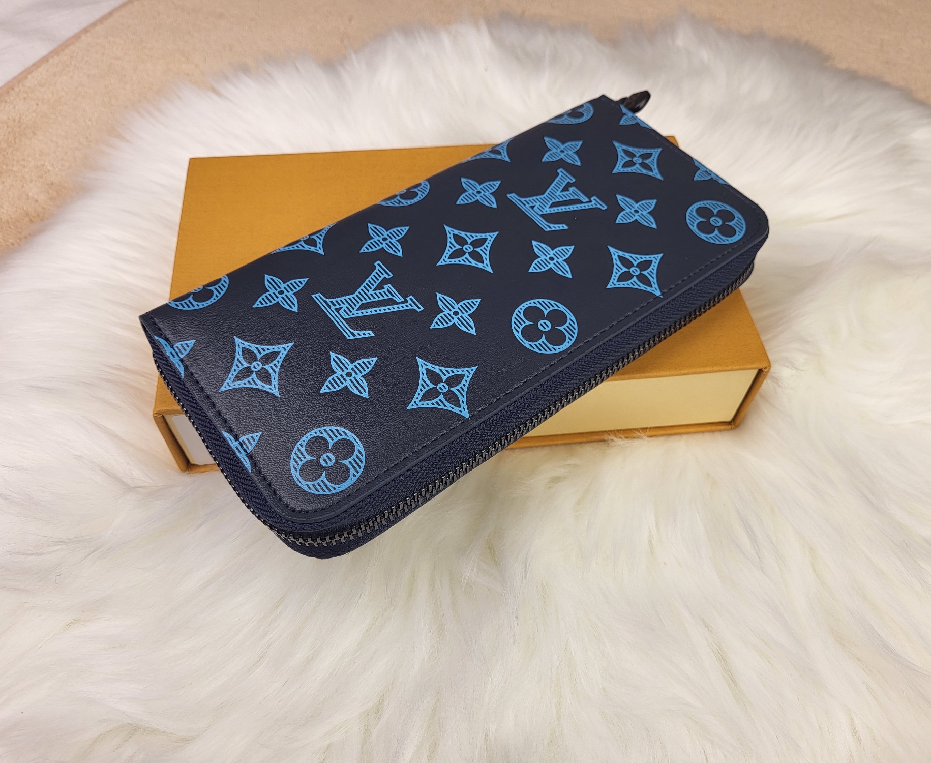 Luxury leather long zipper wallet, close-up leather texture