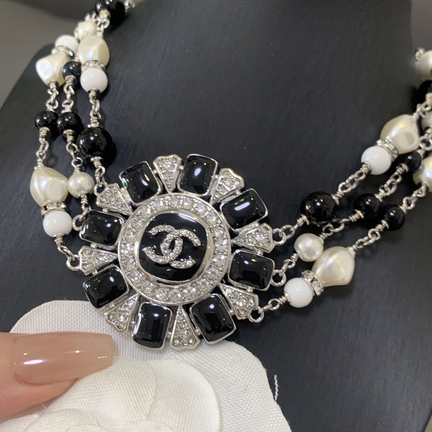 Chanel CC Sunburst Multi-Strand Beaded Choker necklace Silver-tone metal black resin white faux pearl white resin clear crystal 16 inches with 2 inch extender