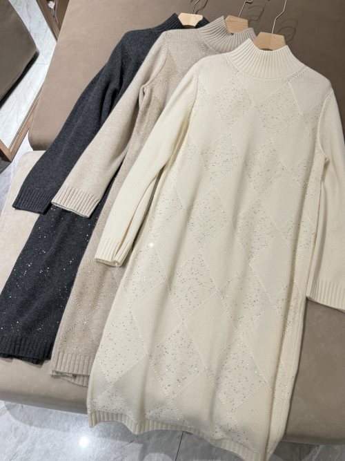 Elegant Women's Mid-High Collar Sequin Embellished Cashmere Blend Dress 1 Elegant Women's Mid-High Collar Sequin Embellished Cashmere Blend Dress