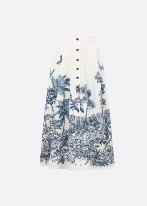 Dior White Cotton Midi Skirt with Blue Toile de Jouy Palm Tree Print 1 Dior White Cotton Midi Skirt with Blue Toile de Jouy Palm Tree Print