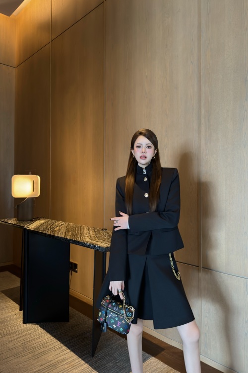 Elegant Wool Blend Suit Set with Gold Button Accents and Chain Detail Skirt 1 Elegant Wool Blend Suit Set with Gold Button Accents and Chain Detail Skirt