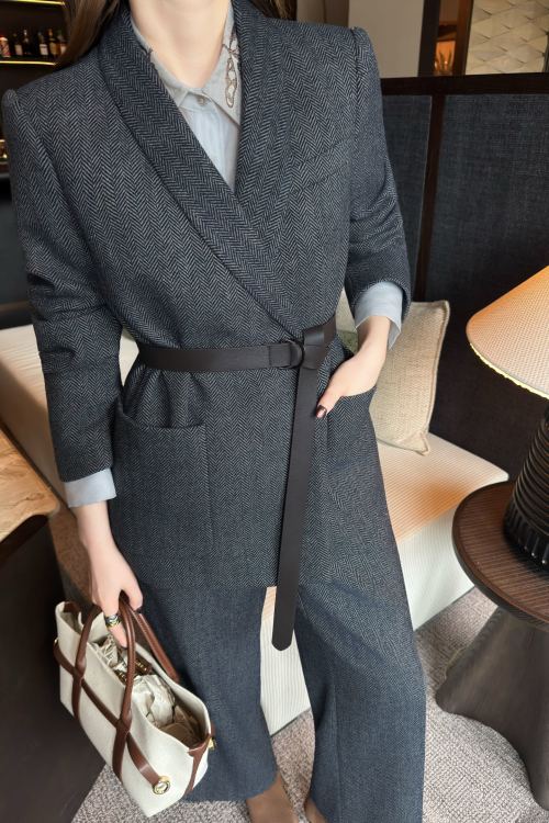 Women's Wool Herringbone Suit Set with Belt, Elegant Autumn Outfit 1 Women's Wool Herringbone Suit Set with Belt, Elegant Autumn Outfit