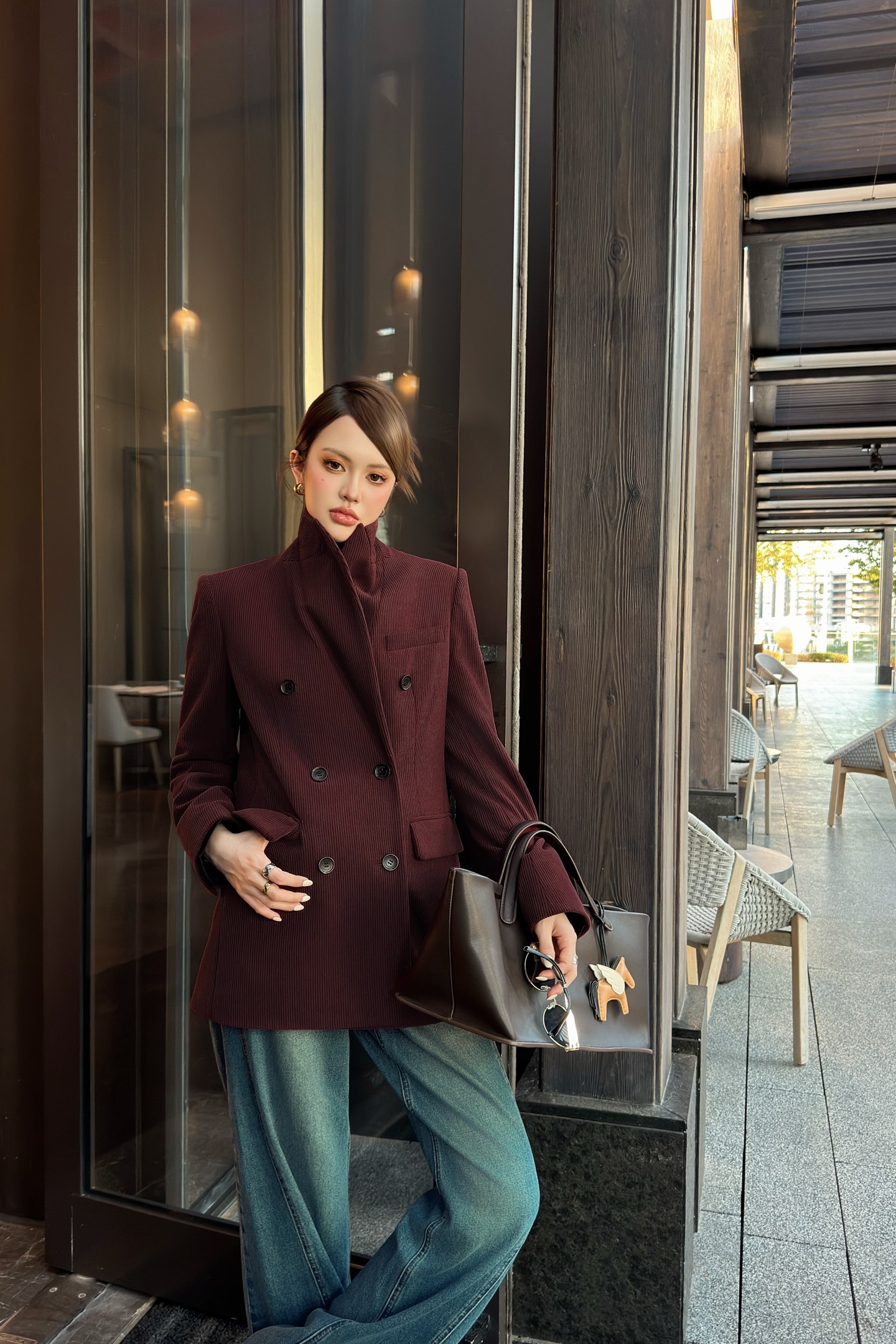 Elegant Corduroy Double-Breasted Blazer, Vintage Red, Perfect for Fall & Winter