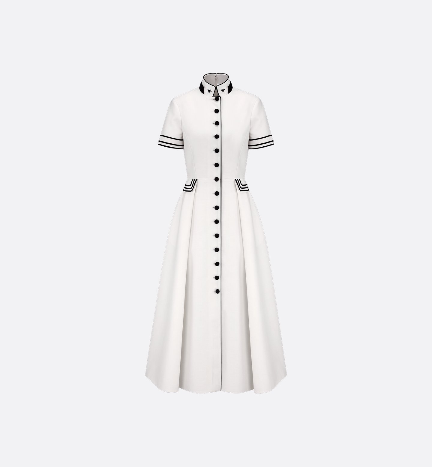 Elegant White Cotton Midi Dress with Black Trim and Button-Down Front
