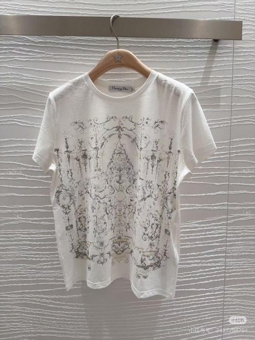 Dior Women's White Cotton T-Shirt with Retro Building Print, Short Sleeve 1 Dior Women's White Cotton T-Shirt with Retro Building Print, Short Sleeve