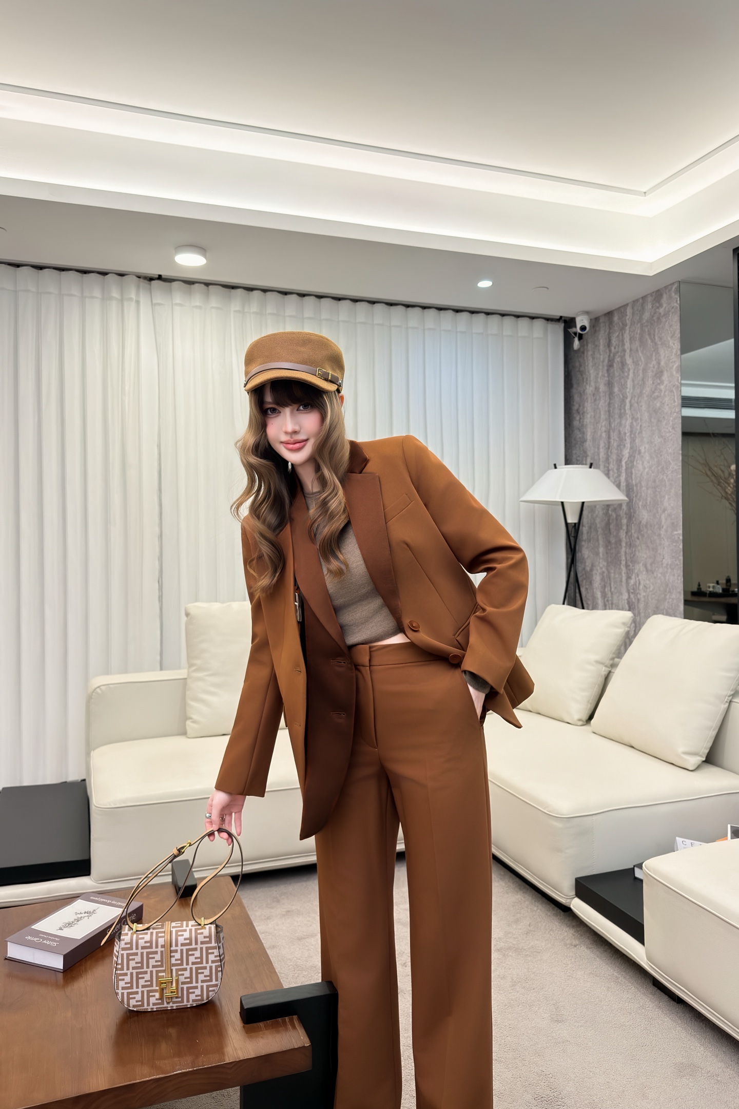 Sophisticated Brown Suit Set: Blazer and Wide-Leg Pants - Versatile & Chic