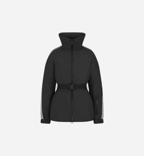 Dior Black Down Jacket With Logo Stripe, High Collar, and Adjustable Belt 19 Dior Black Down Jacket With Logo Stripe, High Collar, and Adjustable Belt