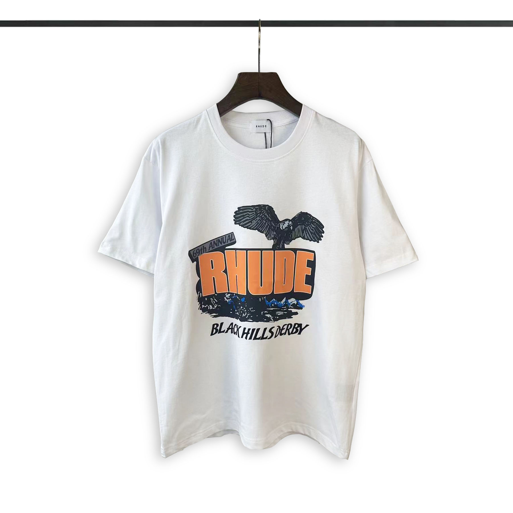 Replica US
 Rhude Fashion
 Clothing T-Shirt Apricot Color Black White Printing Short Sleeve