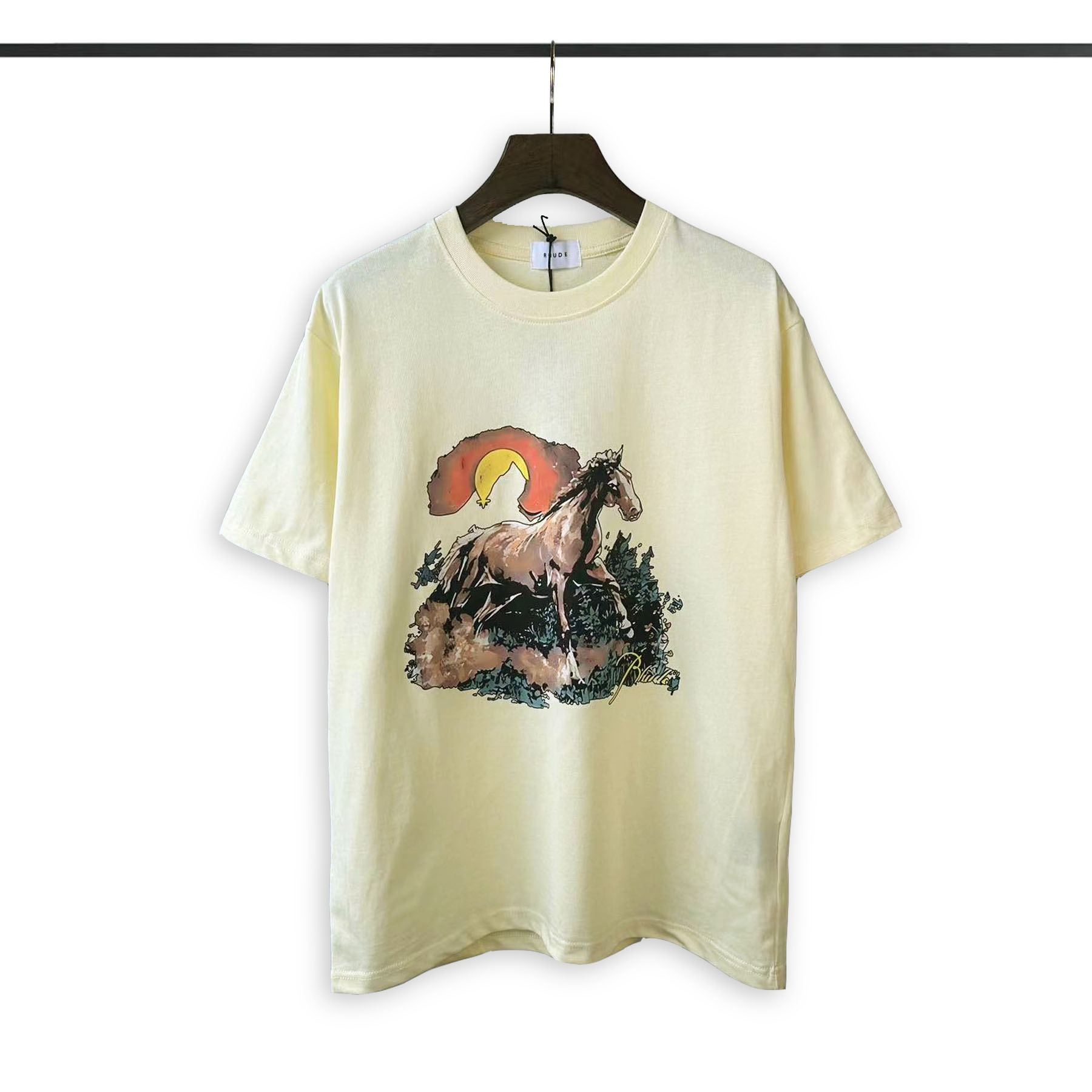 Rhude Good
 Clothing T-Shirt Apricot Color Black White Printing Short Sleeve