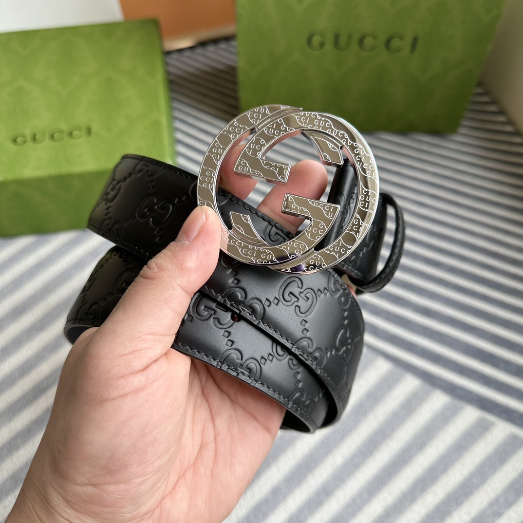 Gucci[正]4.0cm专柜同款压花意大利进口头层小牛皮原版皮底新品花纹纯钢五金带扣纯进口机械车线工艺