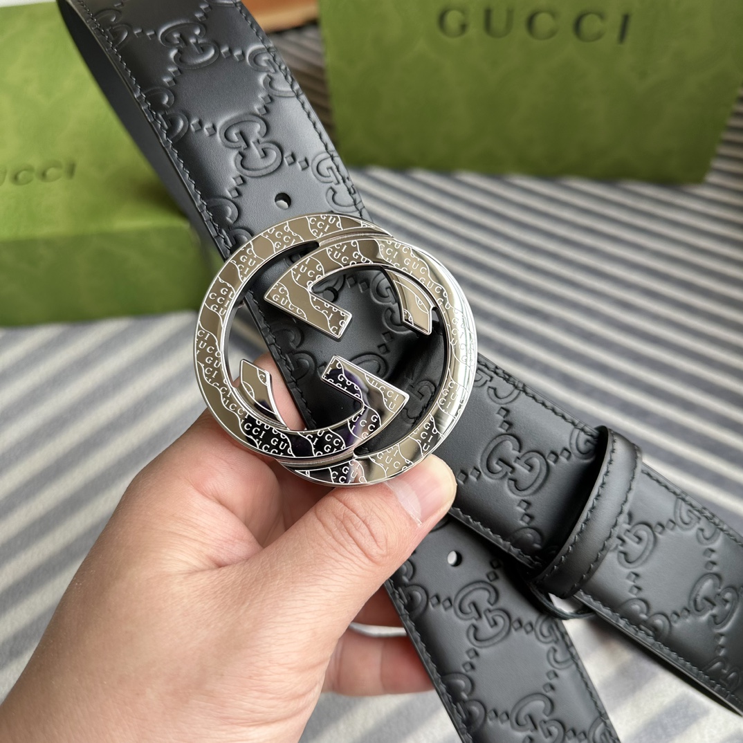 Gucci[正]4.0cm专柜同款压花意大利进口头层小牛皮原版皮底新品花纹纯钢五金带扣纯进口机械车线工艺