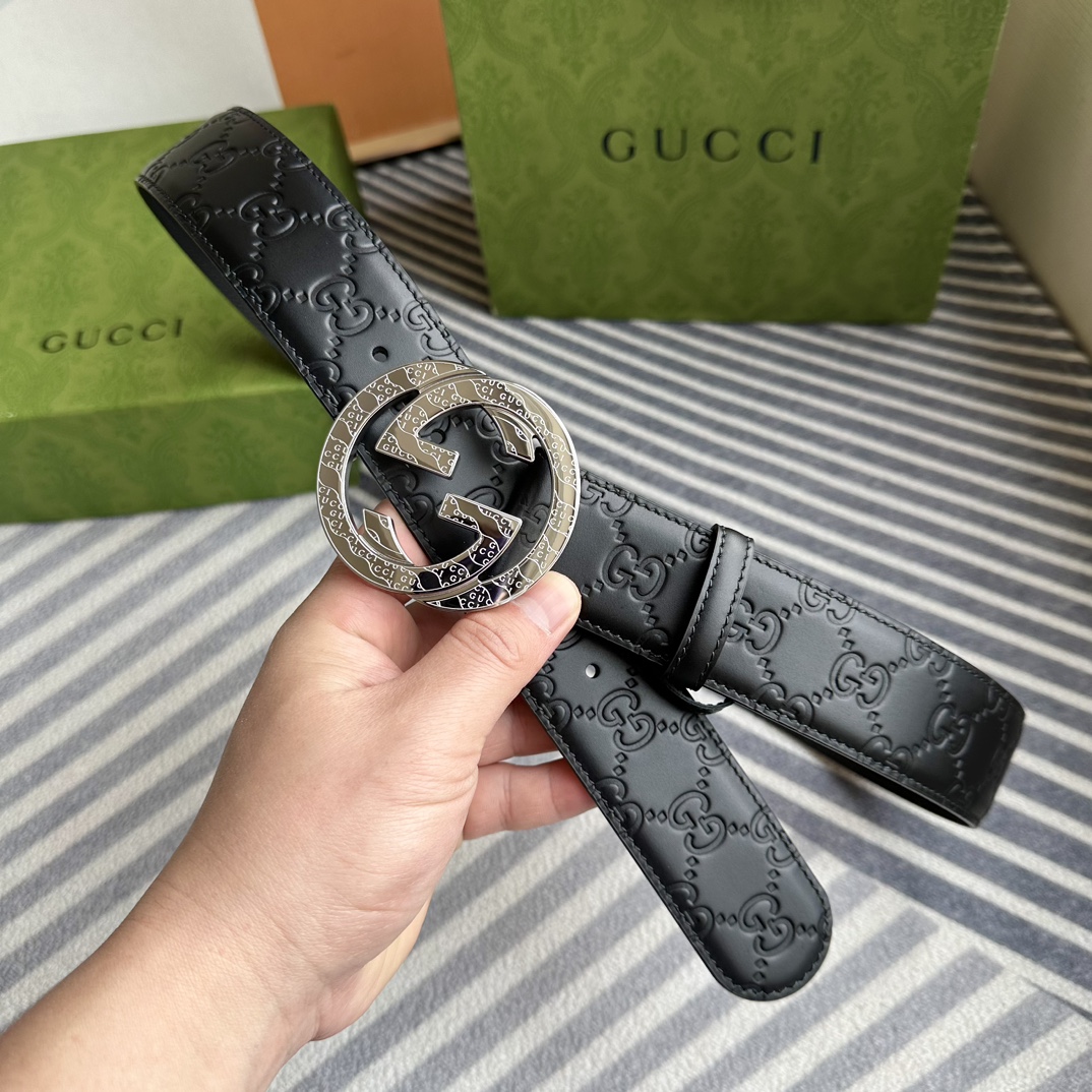 Gucci[正]4.0cm专柜同款压花意大利进口头层小牛皮原版皮底新品花纹纯钢五金带扣纯进口机械车线工艺