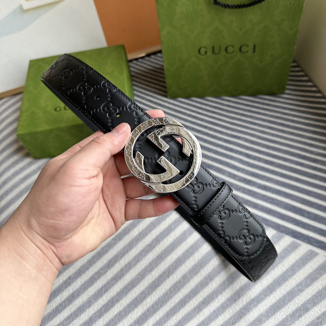 Gucci[正]4.0cm专柜同款压花意大利进口头层小牛皮原版皮底新品花纹纯钢五金带扣纯进口机械车线工艺