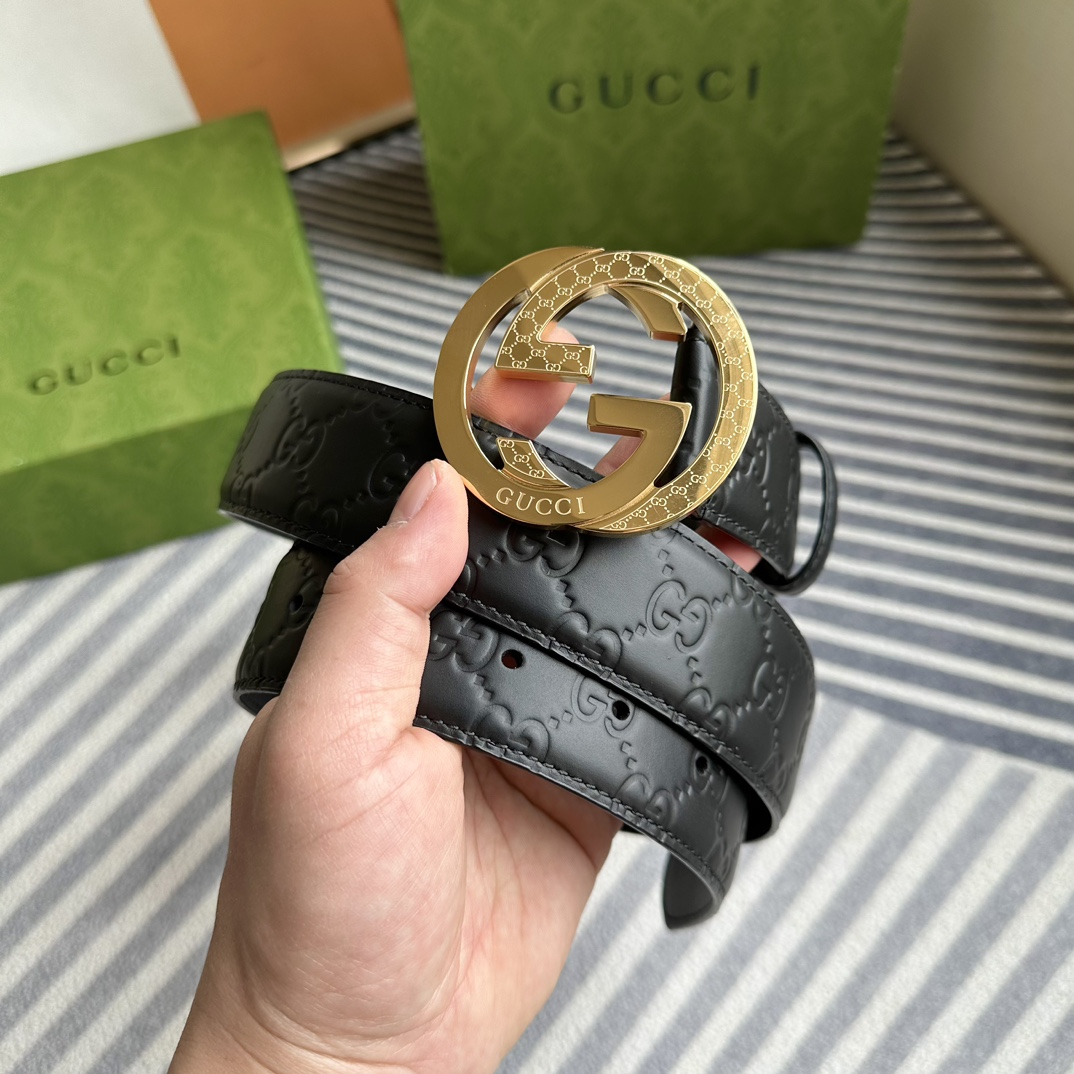 Gucci[正]4.0cm专柜同款压花意大利进口头层小牛皮原版皮底新品花纹纯钢五金带扣纯进口机械车线工艺