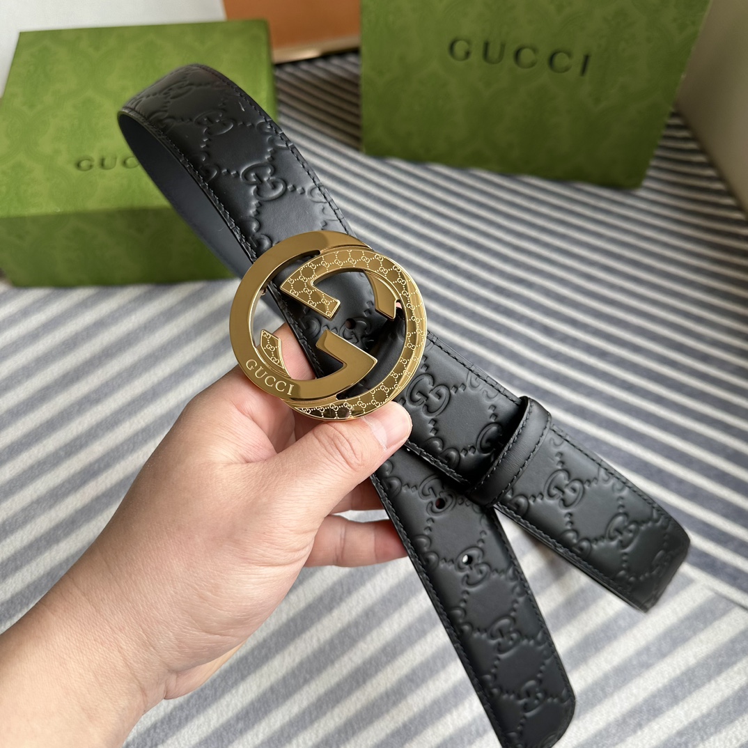 Gucci[正]4.0cm专柜同款压花意大利进口头层小牛皮原版皮底新品花纹纯钢五金带扣纯进口机械车线工艺