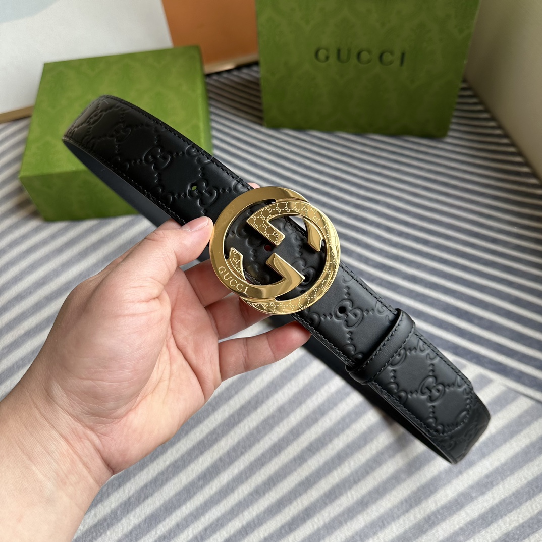 Gucci[正]4.0cm专柜同款压花意大利进口头层小牛皮原版皮底新品花纹纯钢五金带扣纯进口机械车线工艺