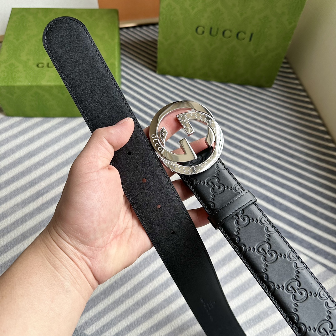 Gucci[正]4.0cm专柜同款压花意大利进口头层小牛皮原版皮底新品花纹纯钢五金带扣纯进口机械车线工艺