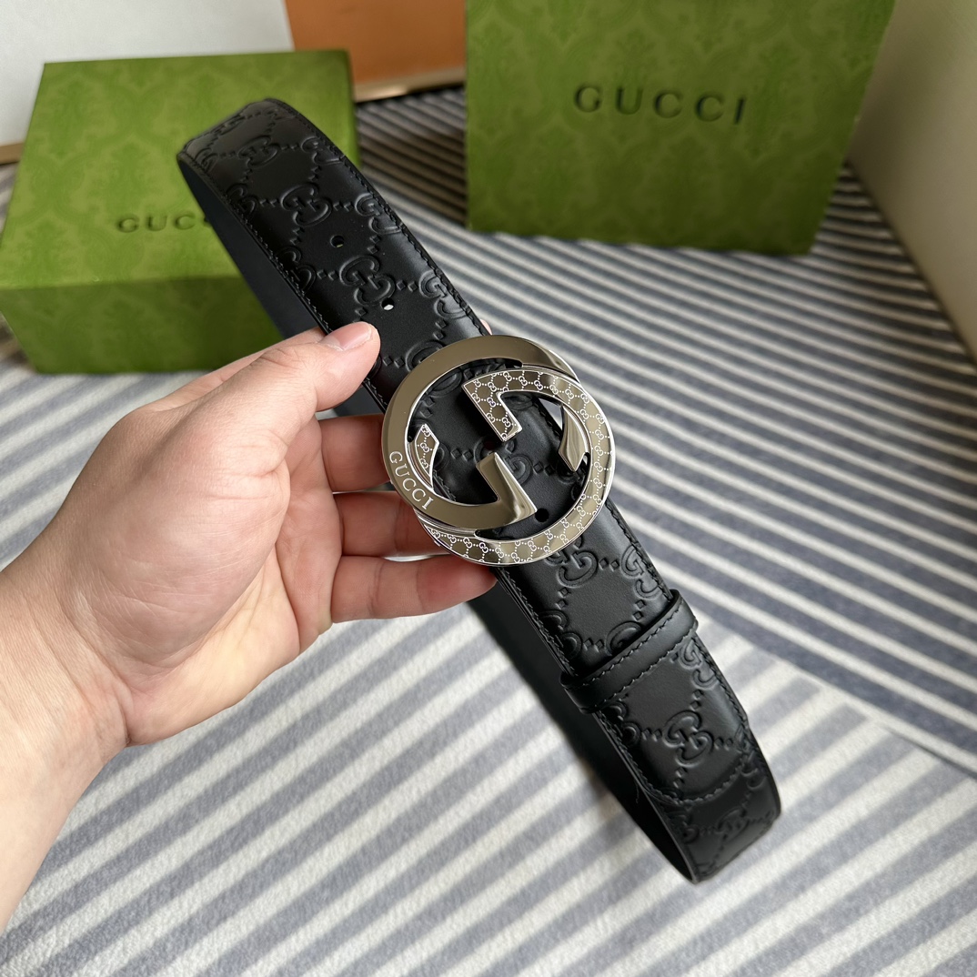 Gucci[正]4.0cm专柜同款压花意大利进口头层小牛皮原版皮底新品花纹纯钢五金带扣纯进口机械车线工艺