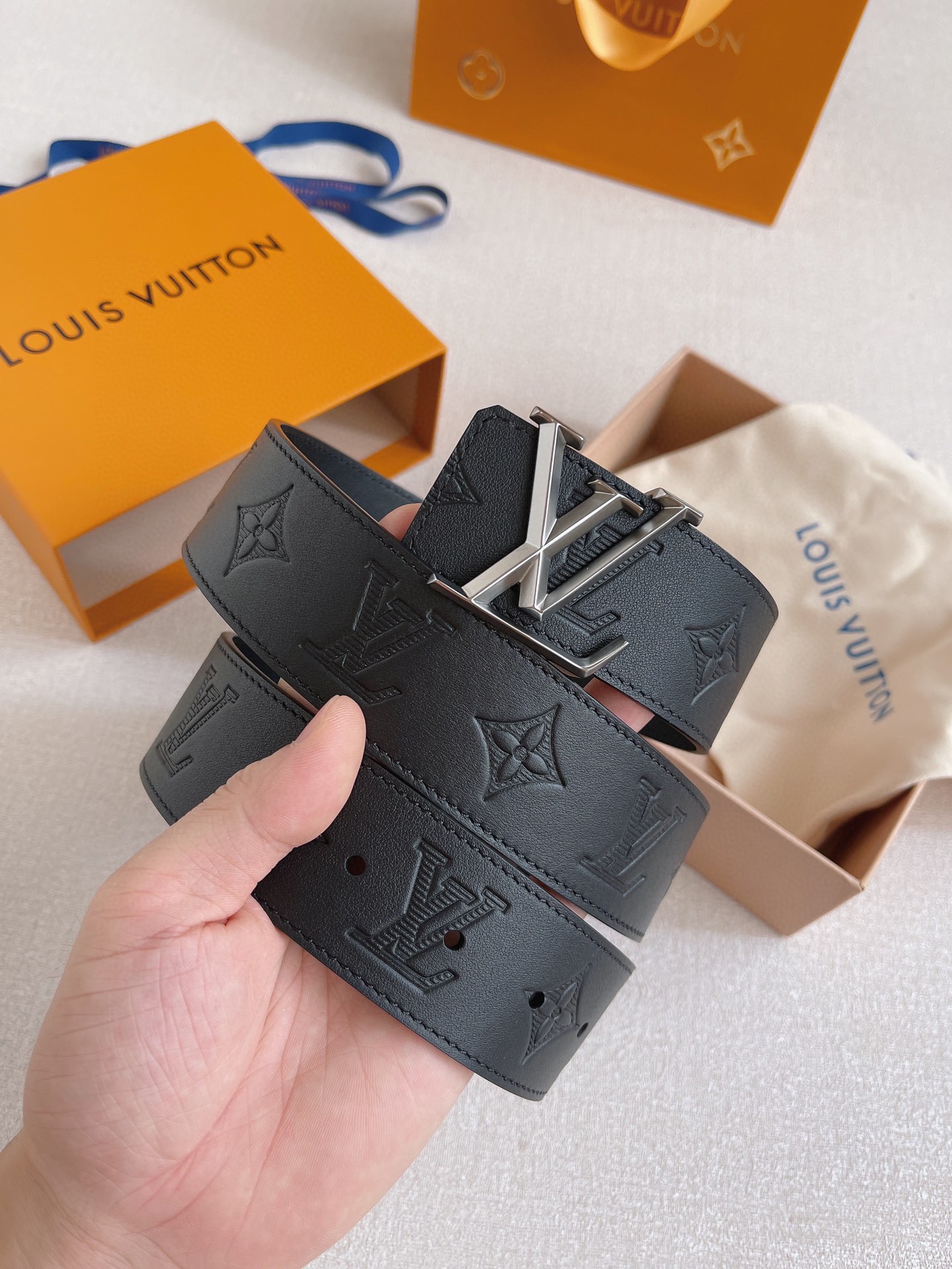 Louis Vuitton Pyramide Belt - Monogram Embossed Leather, Dark Hardware, 40mm