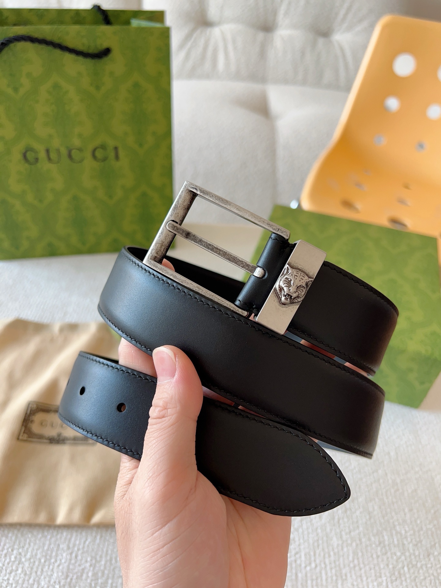 Gucci Leren Riem met Tijgerkop Gesp - Premium Kwaliteit, 3.5cm Breed