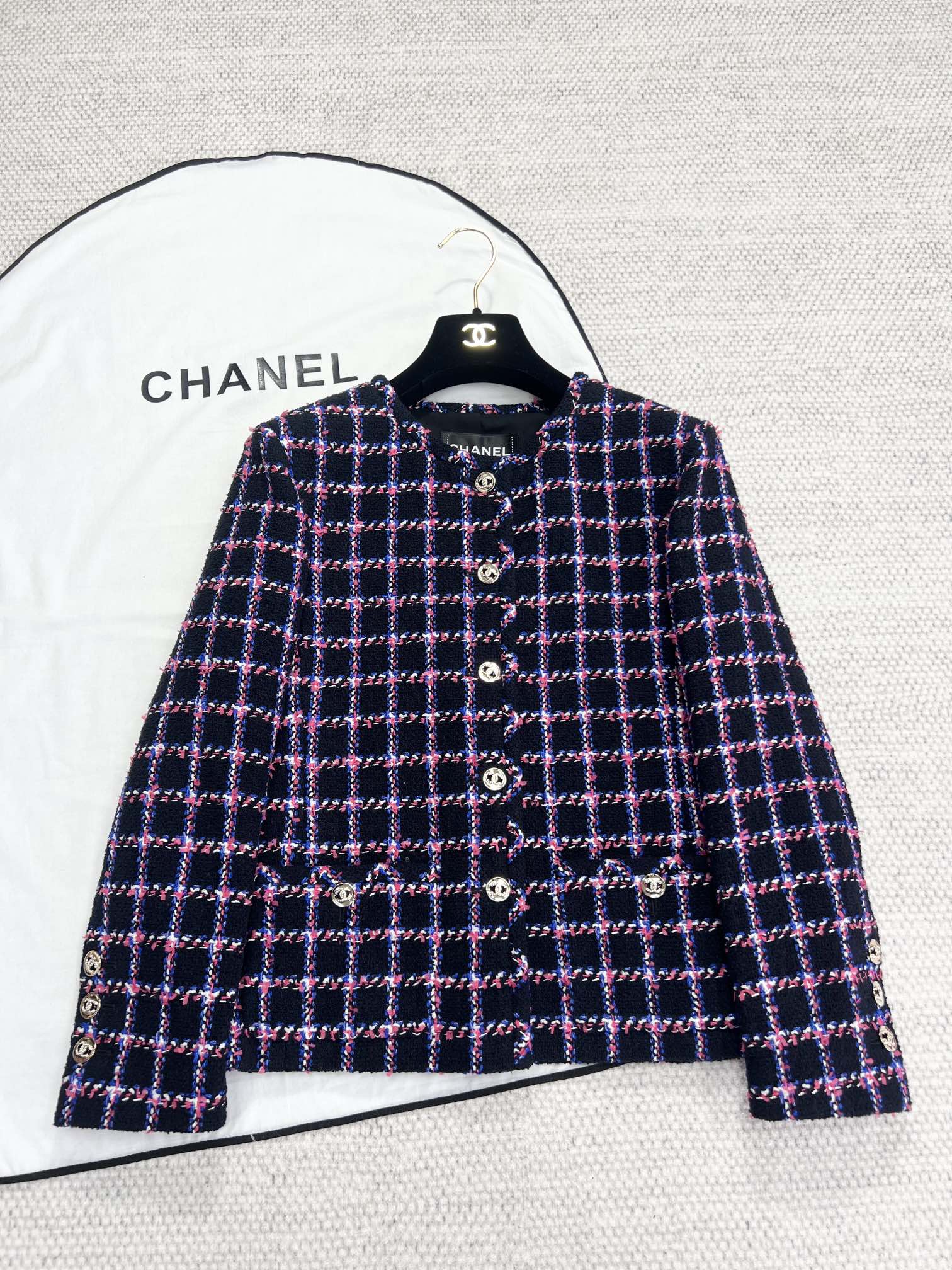 Chanel Roupa Casacos & Jaquetas Azul Rosa Branco Malha Seda
