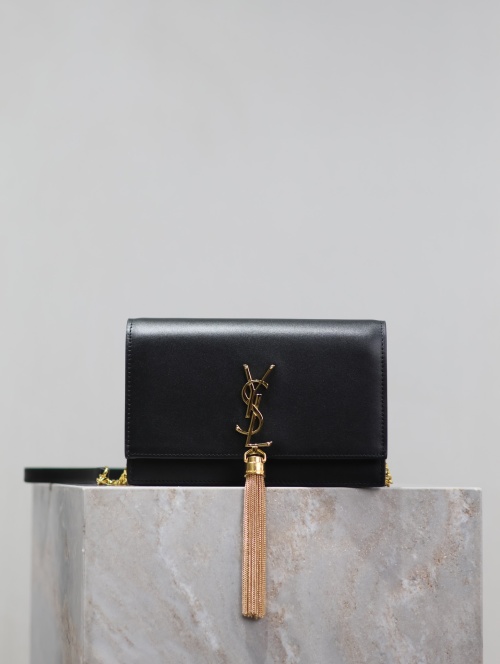 Saint Laurent Kate Tassel Chain Wallet in Black Grain Leather, 19 x 12.5 x 4 cm