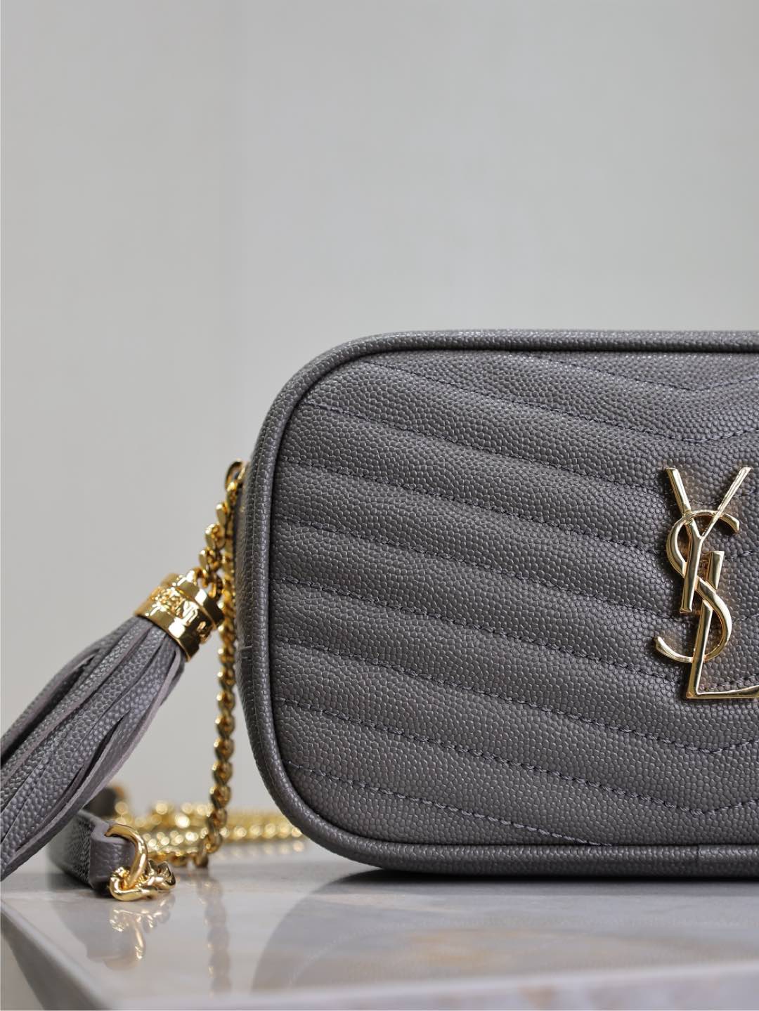 Gray Leather Camera Bag with Gold Hardware & Tassel - Compact & Stylish 4 i1735622115612 5555 0 2