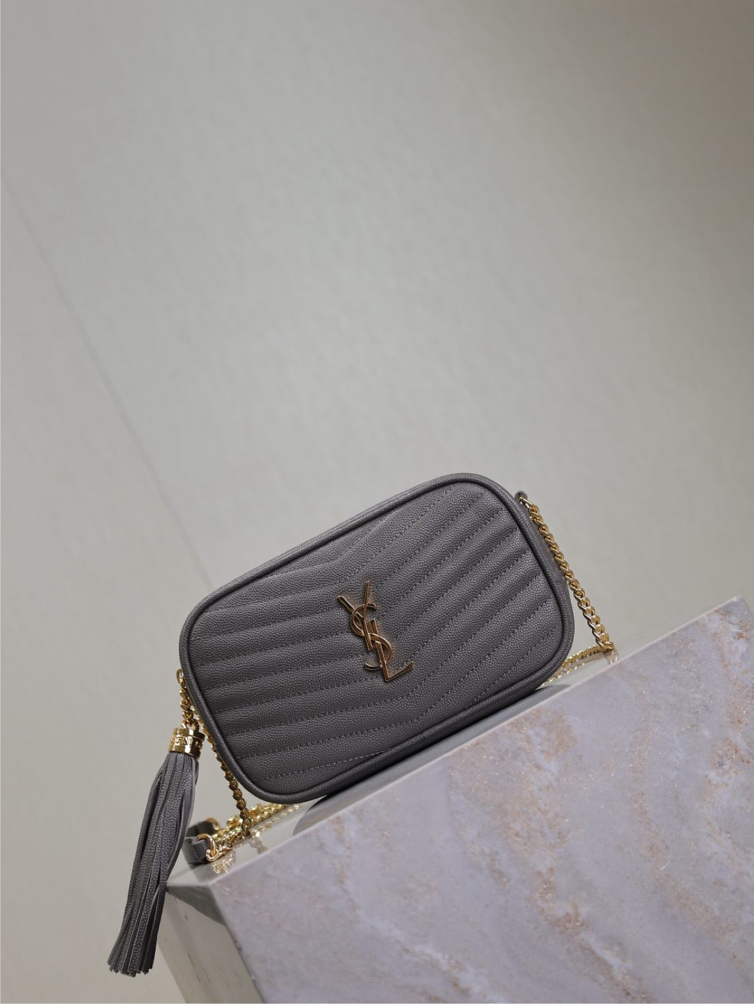 Gray Leather Camera Bag with Gold Hardware & Tassel - Compact & Stylish 3 i1735622115898 6715 0 1