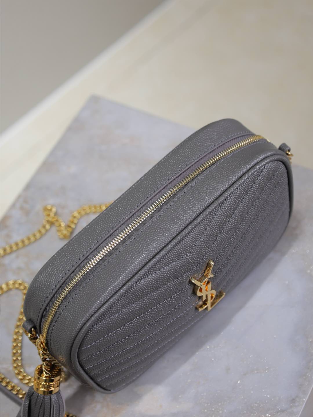 Gray Leather Camera Bag with Gold Hardware & Tassel - Compact & Stylish 8 i1735622115977 5094 0 6