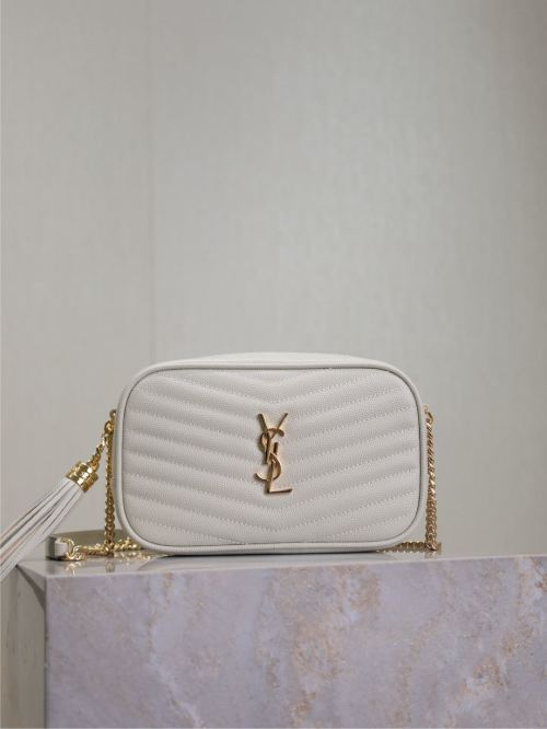 Saint Laurent White Leather Lou Mini Camera Bag with Gold Hardware