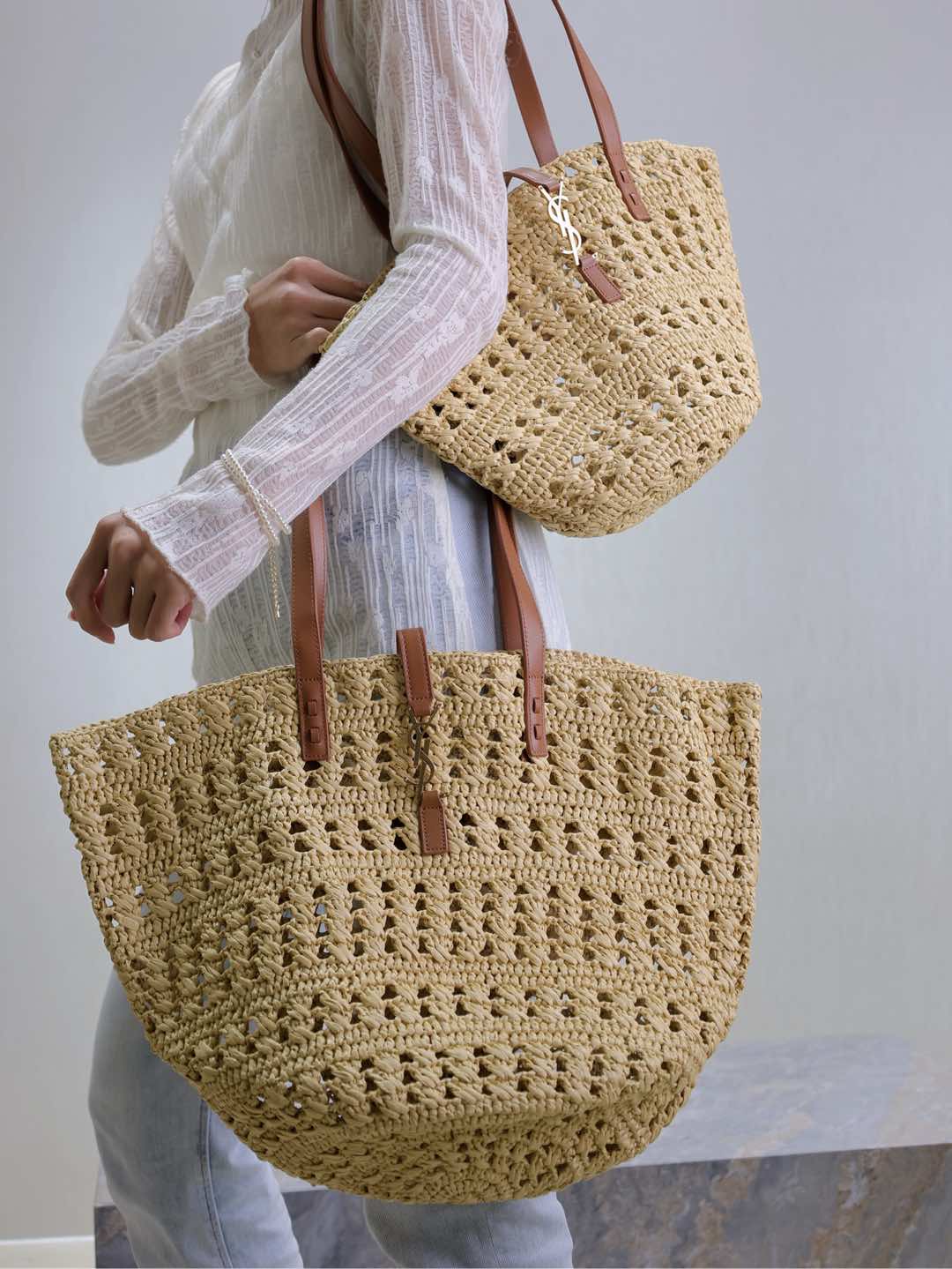 Bolso de mimbre calado tejido a mano, talla grande y pequeña
