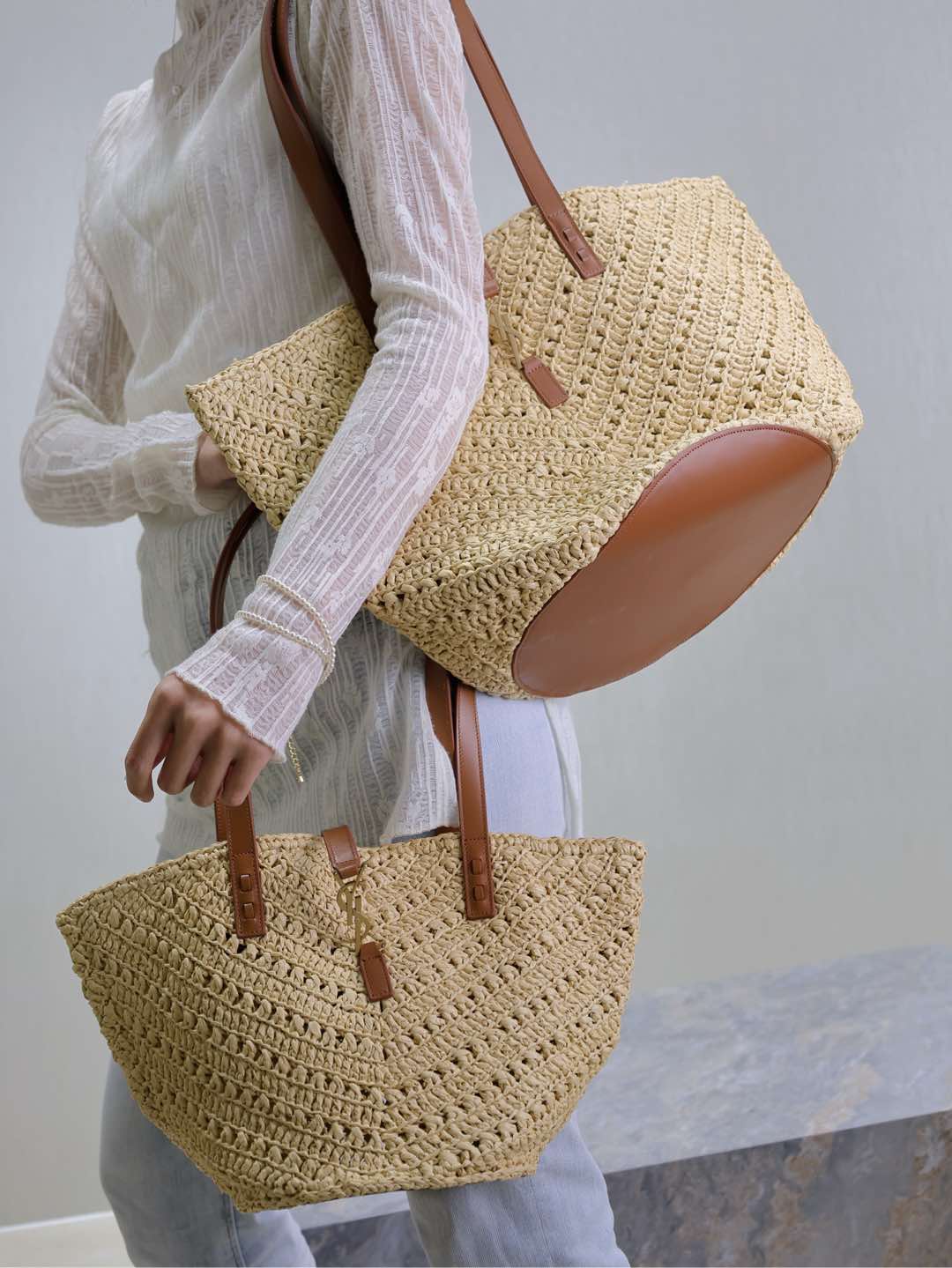 PANIER Bolso tote de mimbre calado en V, talla grande y pequeña