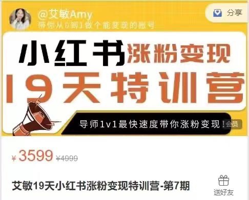 艾敏19天小红书涨粉变现特训营 快速学会小红书涨粉，月入十万轻松变现! 限时39.9🧧会员免费