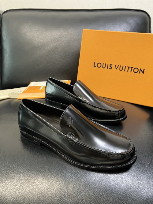 Louis Vuitton Men's Black Leather Loafers with Original Packaging