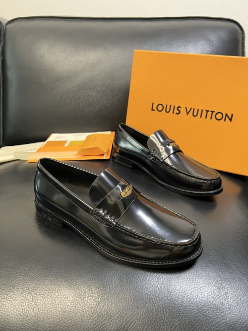 Louis Vuitton Men's Black Leather Loafers with Gold-Tone Hardware 1 Louis Vuitton Men's Black Leather Loafers with Gold-Tone Hardware