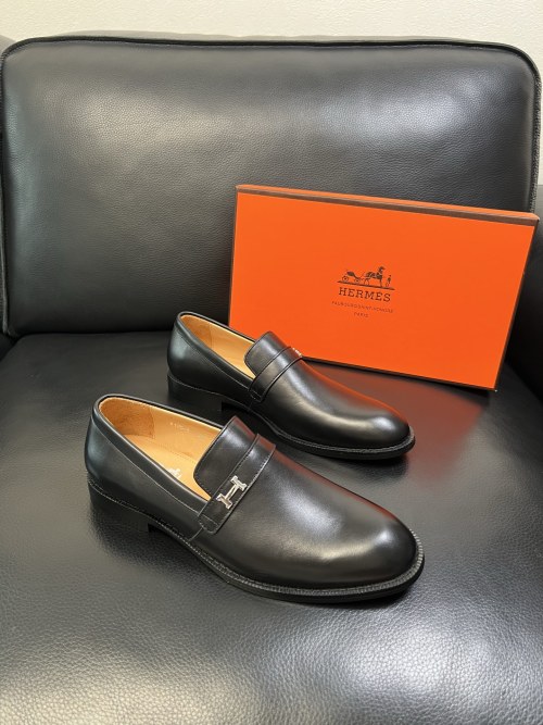 Hermes Men's Black Leather Loafers with Iconic H Buckle - Italian Craftsmanship 1 Hermes Men's Black Leather Loafers with Iconic H Buckle - Italian Craftsmanship