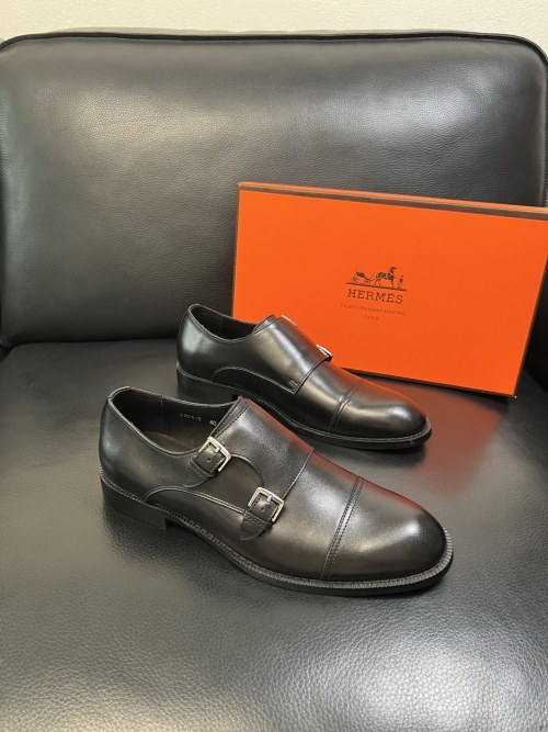 Hermes Men's Black Leather Double Monk Strap Dress Shoes, Italian Craftsmanship