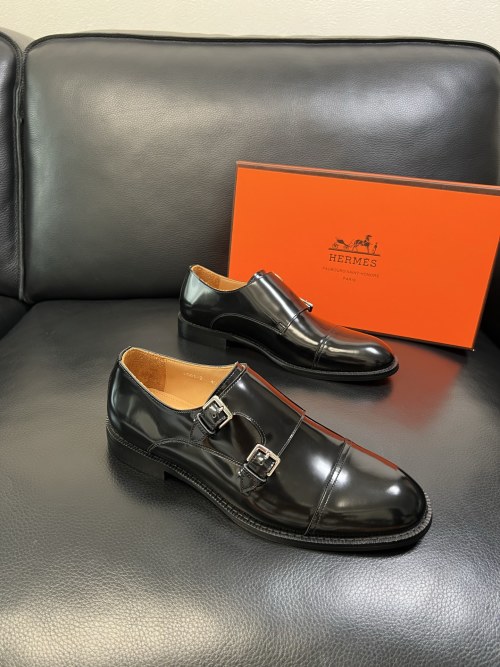Hermes Men's Black Leather Monk Strap Dress Shoes, Italian Leather 1 Hermes Men's Black Leather Monk Strap Dress Shoes, Italian Leather