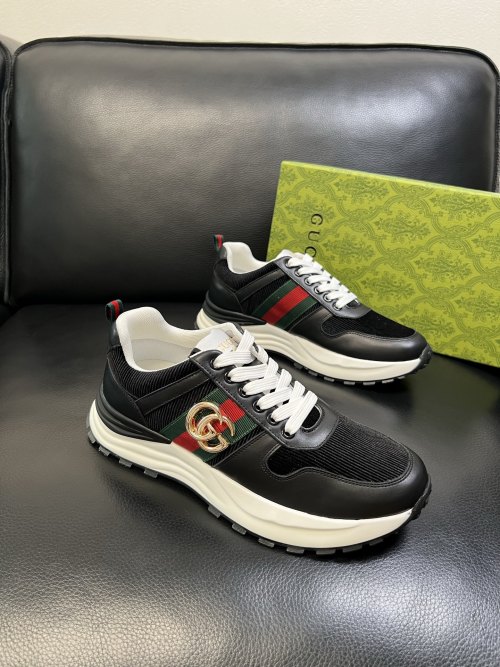 Gucci Men's Black Leather and Fabric Sneakers with Iconic Web Stripe