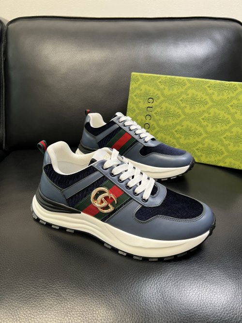 Gucci Men's Blue Leather and Fabric Sneakers with Iconic Web Stripe 1 Gucci Men's Blue Leather and Fabric Sneakers with Iconic Web Stripe