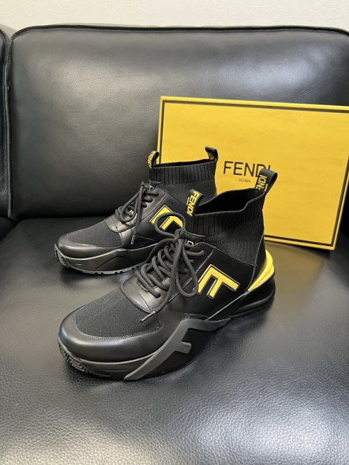 Fendi Men's Black Leather And Knit High-Top Sneakers Designer Athletic Shoes 1 Fendi Men's Black Leather And Knit High-Top Sneakers Designer Athletic Shoes