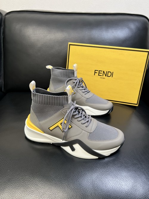 Fendi Men's Grey Leather and Knit High-Top Sneakers - Size 39-44 1 Fendi Men's Grey Leather and Knit High-Top Sneakers - Size 39-44