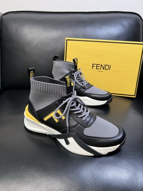 Fendi Men's Italian Leather and Knit High-Top Sneakers - Black/Gray