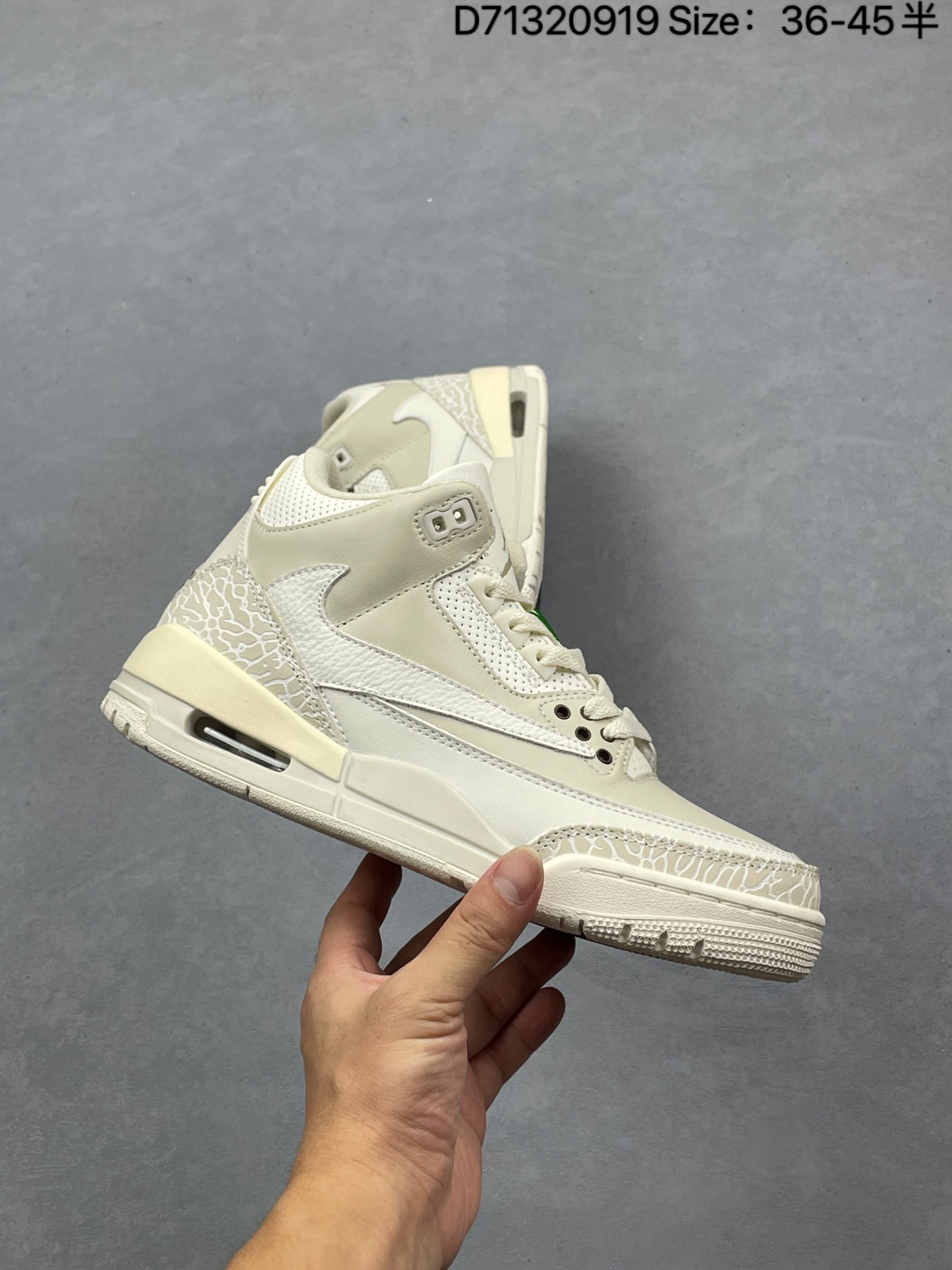 💰160
Air Jordan 3 Retro "Mocha" 摩卡 AJ3 乔丹3代 aj3 乔3 咖啡配色 乔丹篮球鞋系列 配色灵感来源于巧克力、奶油制成的摩卡咖啡作为一款距今17年冲新发售的原创配色,白色皮质鞋身搭配咖啡色爆裂纹装饰,营造出一种纯粹、古朴的素雅感受,上脚气质颇为不俗。鞋舌Jumpman Logo以及后跟Jumpman Logo及Air均以咖啡色点缀,最后以白色中底搭配咖啡色外底及棕色Jordan字样完善设计收尾。
货号:136064-122
尺码:36 36.5 37.5 38 38.5 39 40 40.5 41 42 42.5 43 44 45
编码D71320919
Size:36~45半