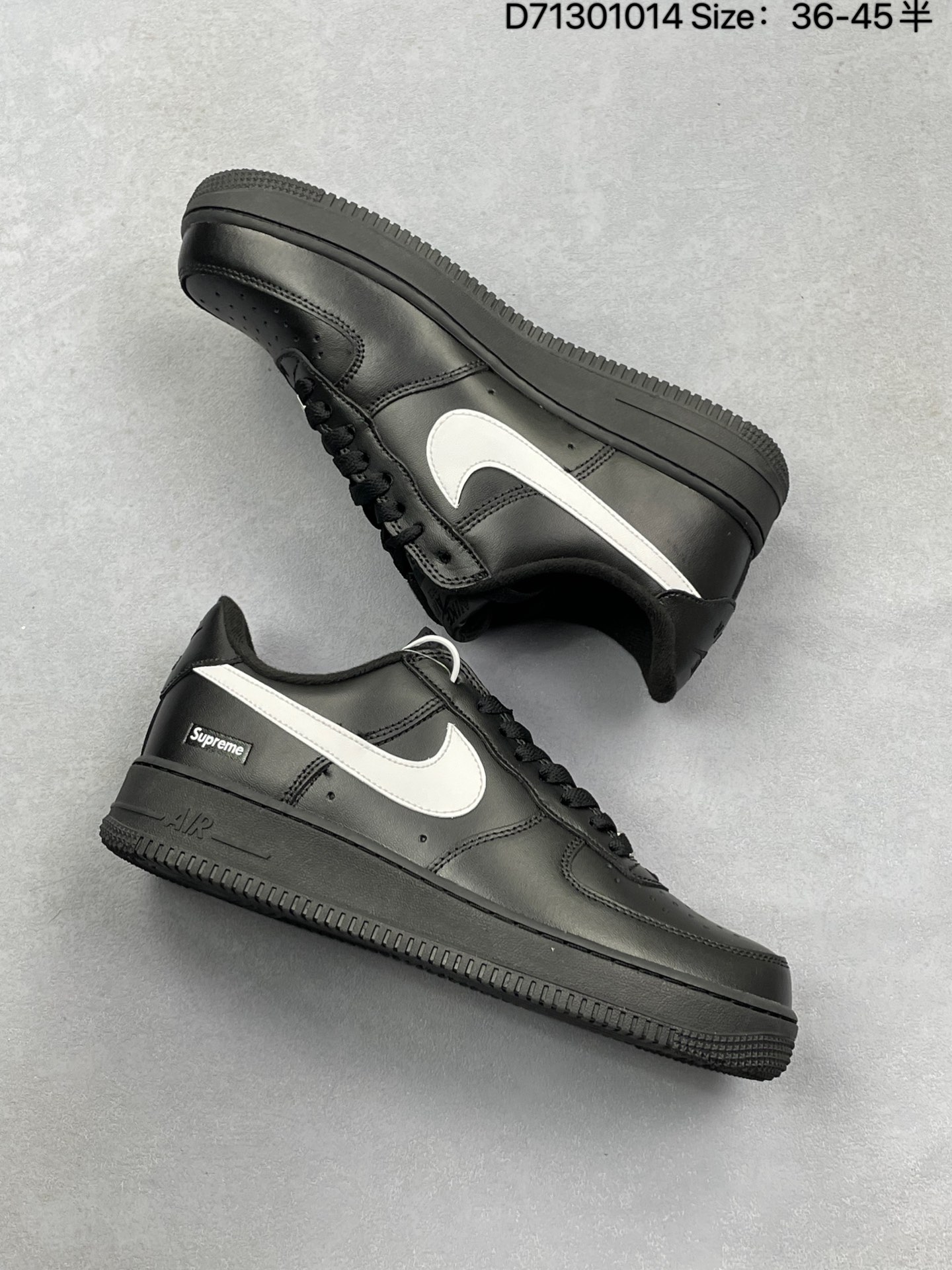 💰150
Nike Air Force 1 Low Supreme联名 空军一号低帮运动休闲板鞋 原楦头原纸板 打造纯正空军版型 专注外贸渠道 全掌内置蜂窝气垫 原盒配件 原厂中底钢印、拉帮完美   
货号：CU9225-001
尺码：35.5 36 36.5 37.5 38 38.5 39 40 40.5 41 42 42.5 43 44 44.5 45 

编码D71301014