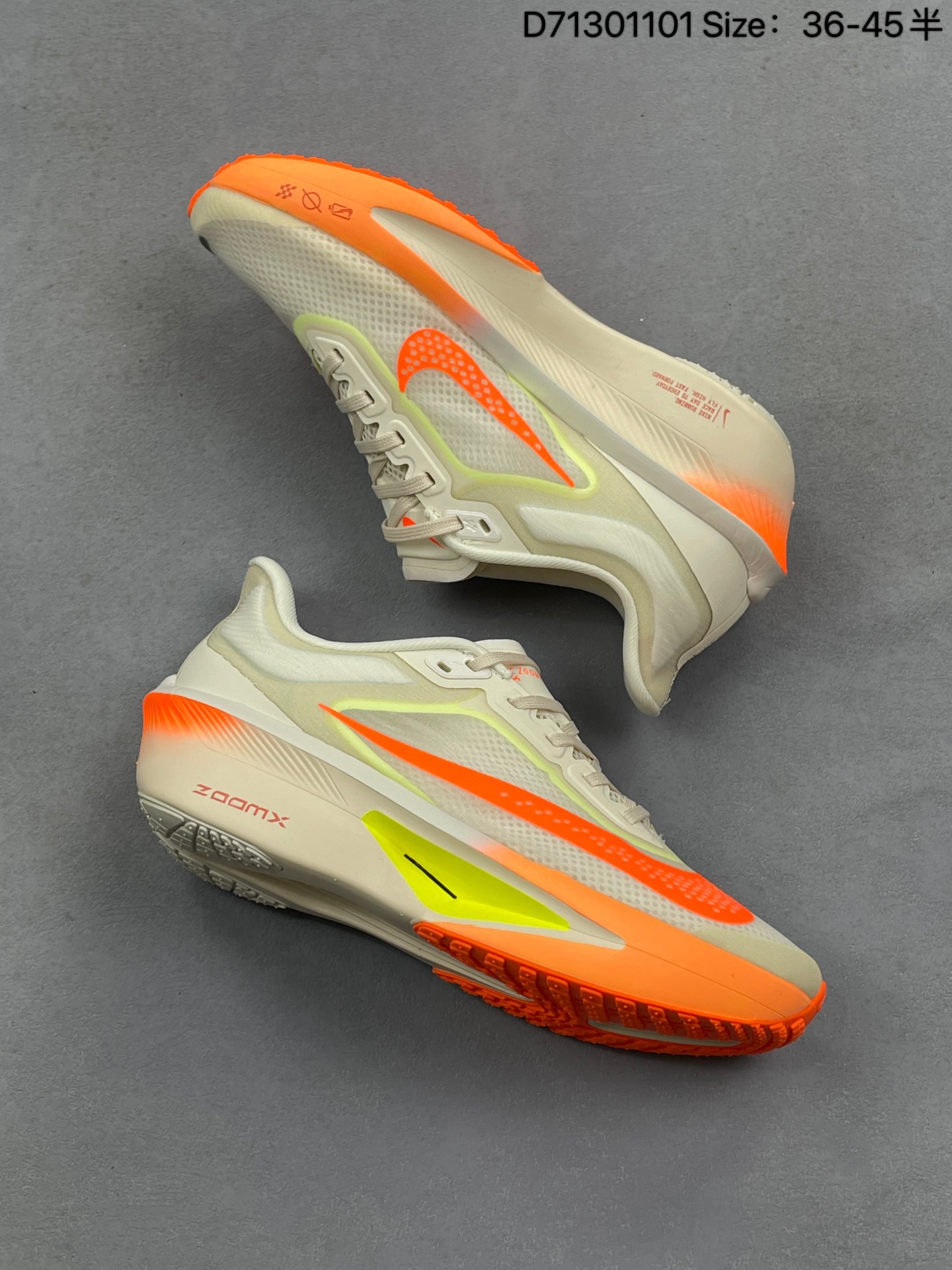 💰150
NIKE耐克Zoom Fly 6 马拉松碳板米黑跑步鞋男女同款运动鞋FN8455-001春新款ZOOM FLY 6 PRM缓震轻便跑步鞋。这款鞋在继承了 Nike Zoom Fly 5 的基础上，承诺为跑者带来更上一层楼的体验。它还继承了 Nike Vaporfly 3 和全新 Nike Alphafly 3 的设计风格，展现出更为简约和轻盈的外形。尤其是鞋跟部分，进行了重大改造，不仅提升支撑性，也增加了美观度。在 ZoomX 泡棉成功的基础上，Zoom Fly 6 引入更进一步的缓冲系统，为软硬适中和快速响应之间提供更好的平衡，满足长距离跑和短跑的需求。随着鞋跟和整体结构的可能改进，Zoom Fly 6 为跑者提供更好的稳定性和舒适度，这对于需要适应各种地形和跑步条件的跑者来说尤为重要。对于鞋面的改良，使用新的材料或构造技术，以实现更好的贴合和透气性，这将进一步提升鞋子的舒适度和性能。
货号：FN8454 104
编码：D71301101
Size:36～45B