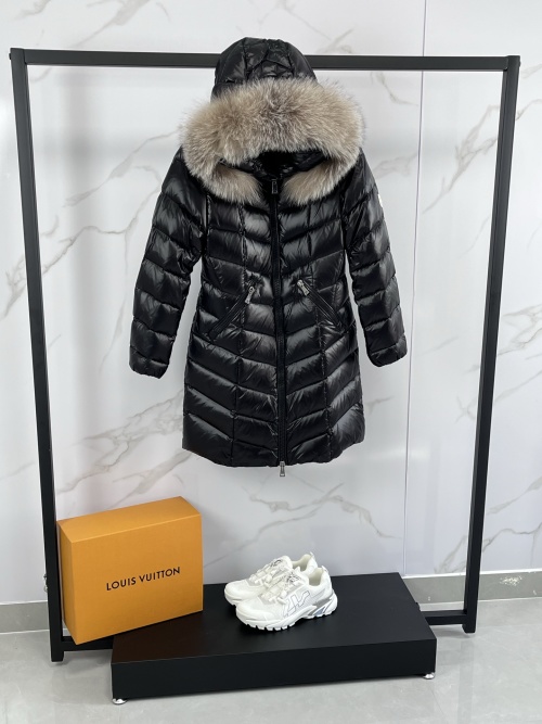 Moncler Fulmarus Women's Long Hooded Down Jacket with Fur Trim, Black 1 Moncler Fulmarus Women's Long Hooded Down Jacket with Fur Trim, Black