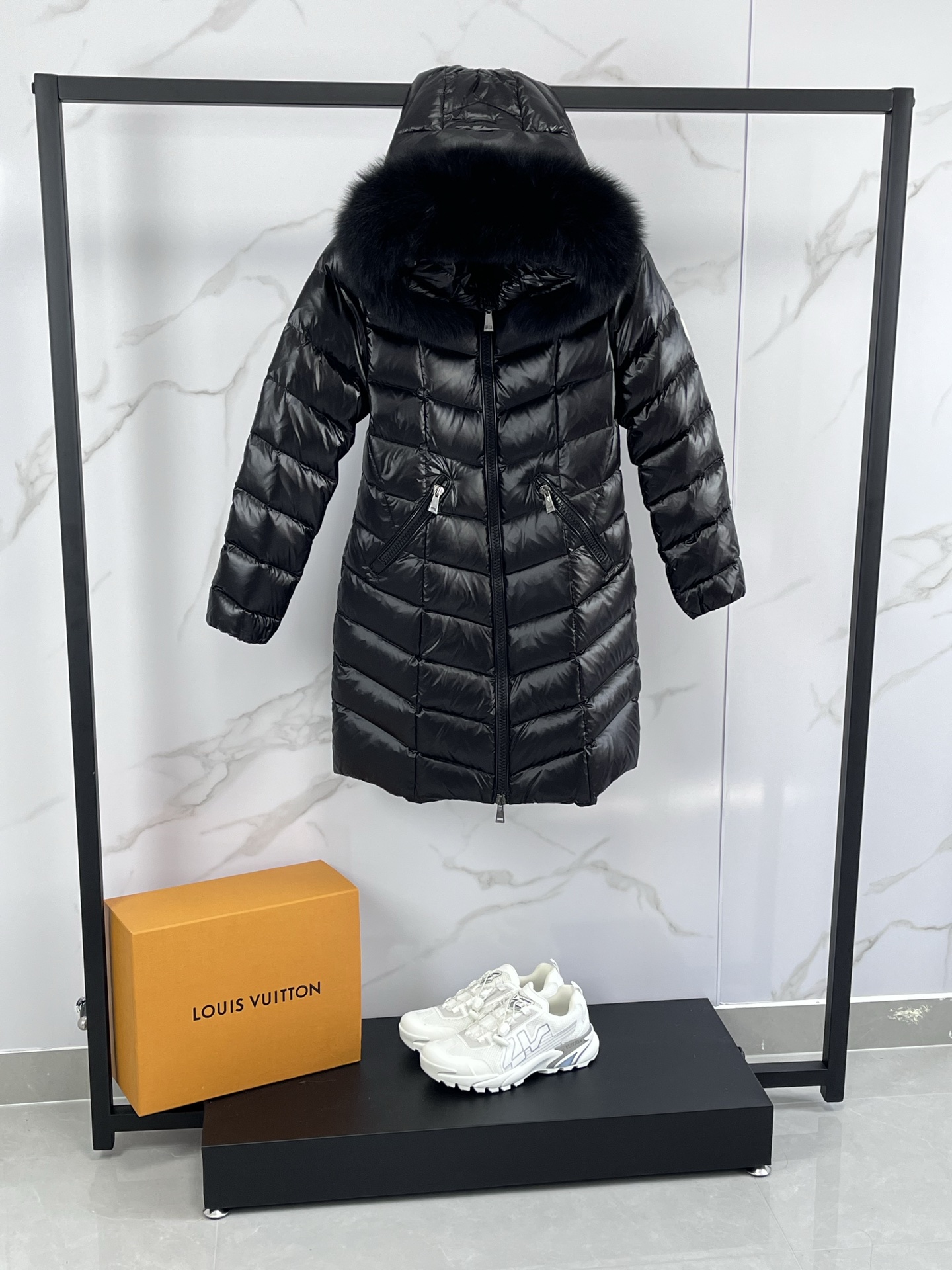 Moncler Fulmarus Black Fur Hooded Long Down Coat