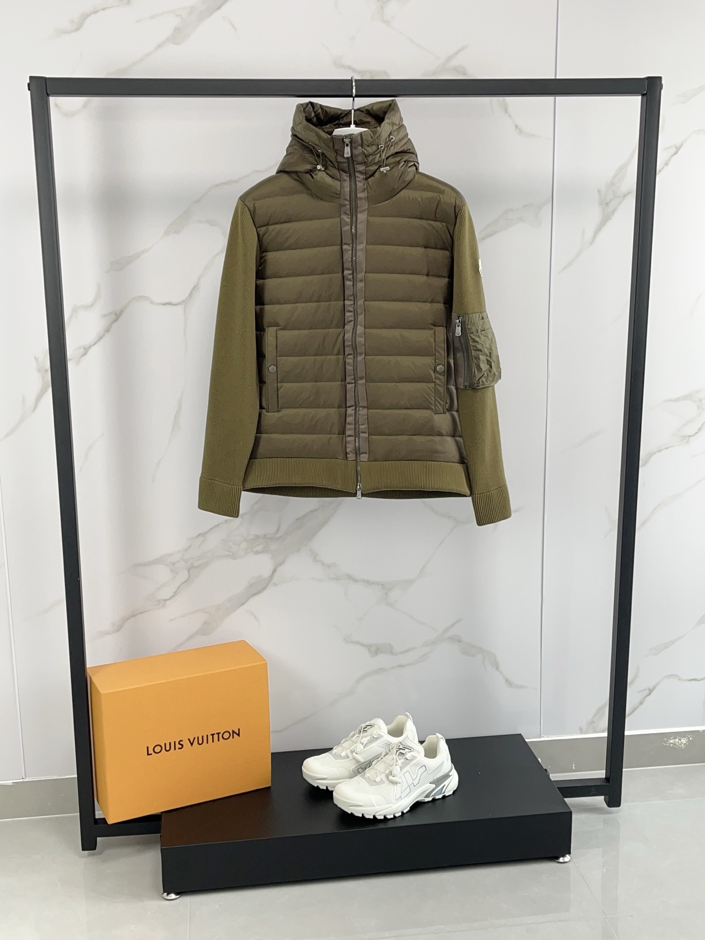 Moncler Women's Down Puffer Jacket Wool Knit Panel Olive Green